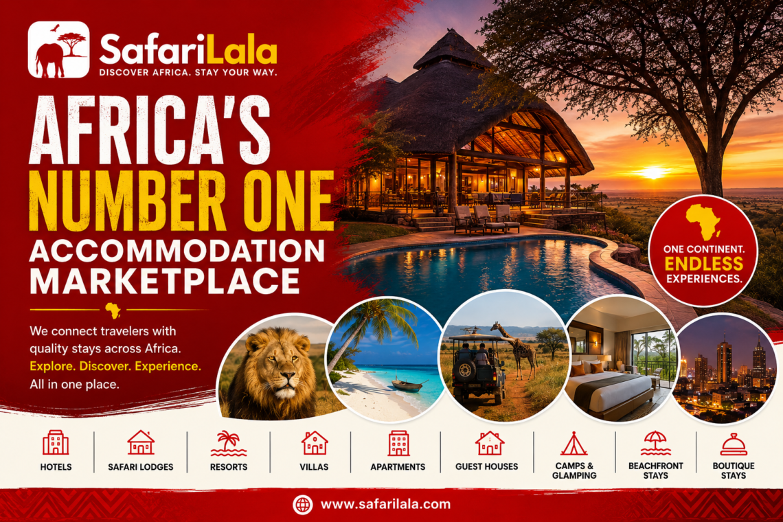 SafariLala Africa’s Number One Accommodation Marketplace featured banner showing luxury safari lodge at sunset with African wildlife-inspired travel categories and red branding theme.